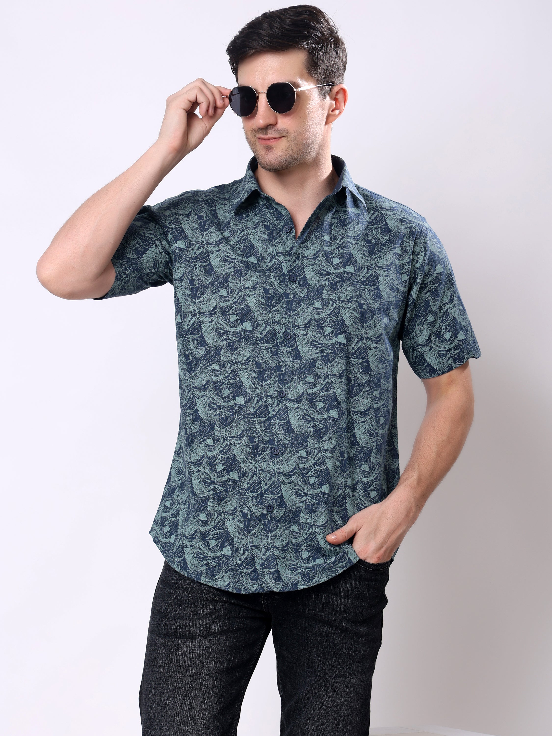 Stylox Men’s Regular Fit Half Sleeve Tropical Leaf Printed Casual Summer Shirt - Stylox