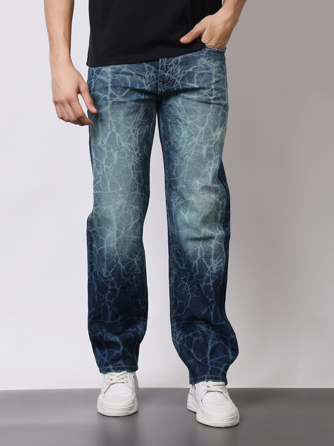 Stylox Men’s Relaxed Fit Cracked Wash Denim Jeans | Trendy Heavy Washed Straight Fit Jeans for Streetwear Style - Stylox