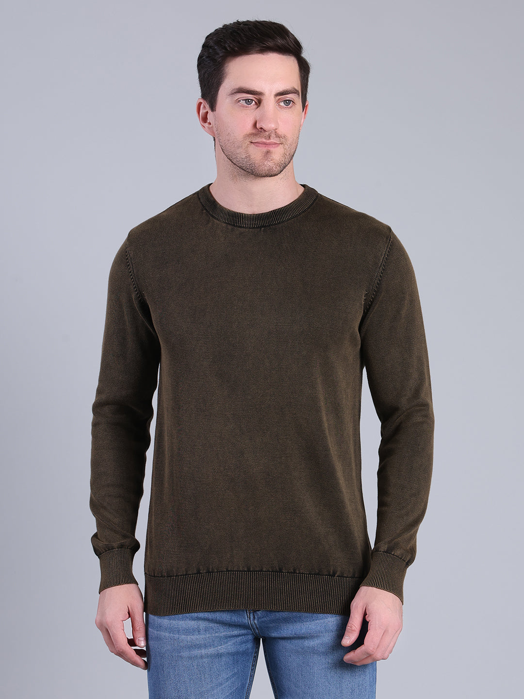 Stylox Men’s Full Sleeve Round Neck Sweater | Solid Slim Fit Knitted Winter Pullover (Olive)