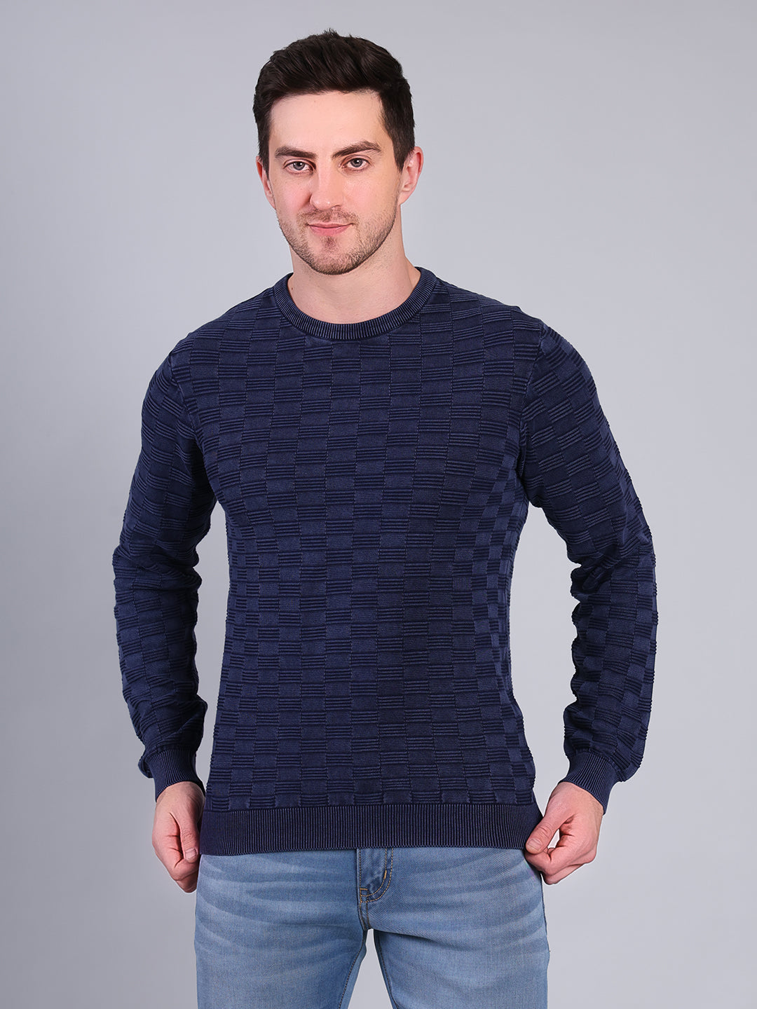 Stylox Men’s Textured Winter Sweater | Crew Neck Full Sleeve Knit Pullover | Premium Casual Wear (Navy Blue) - Stylox