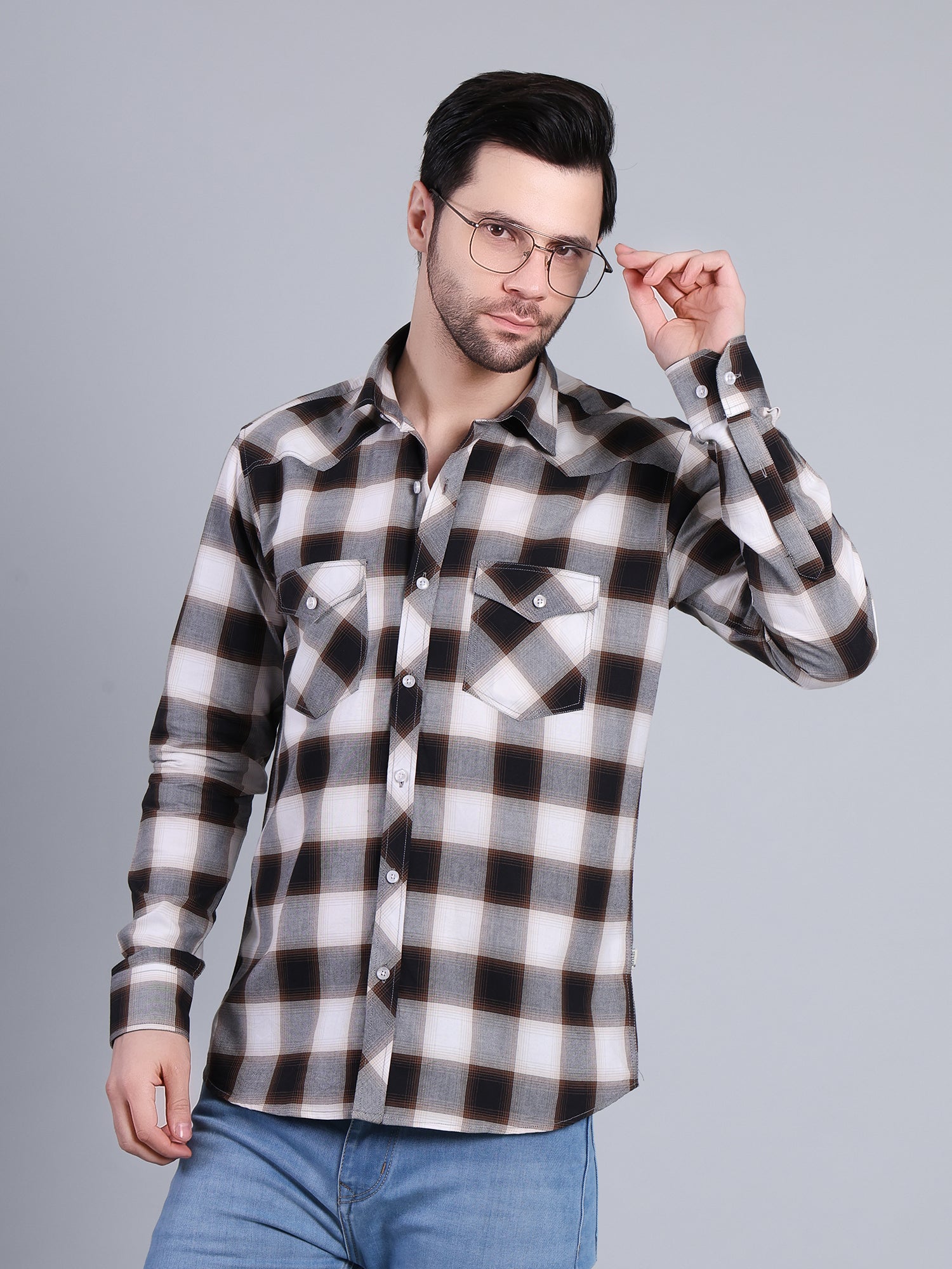 Stylox Men's Regular Fit Double Chest Pocket Check Casual Shirt (Brown)