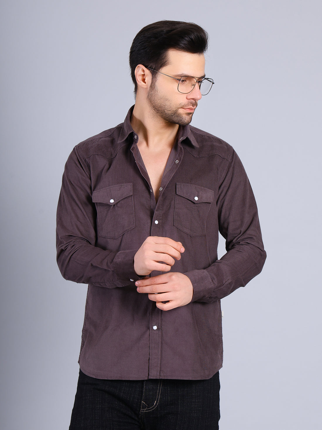Stylox Men’s Regular Fit Full Sleeve Solid Casual Corduroy Shirt with Double Chest Pocket (Dark Grey)