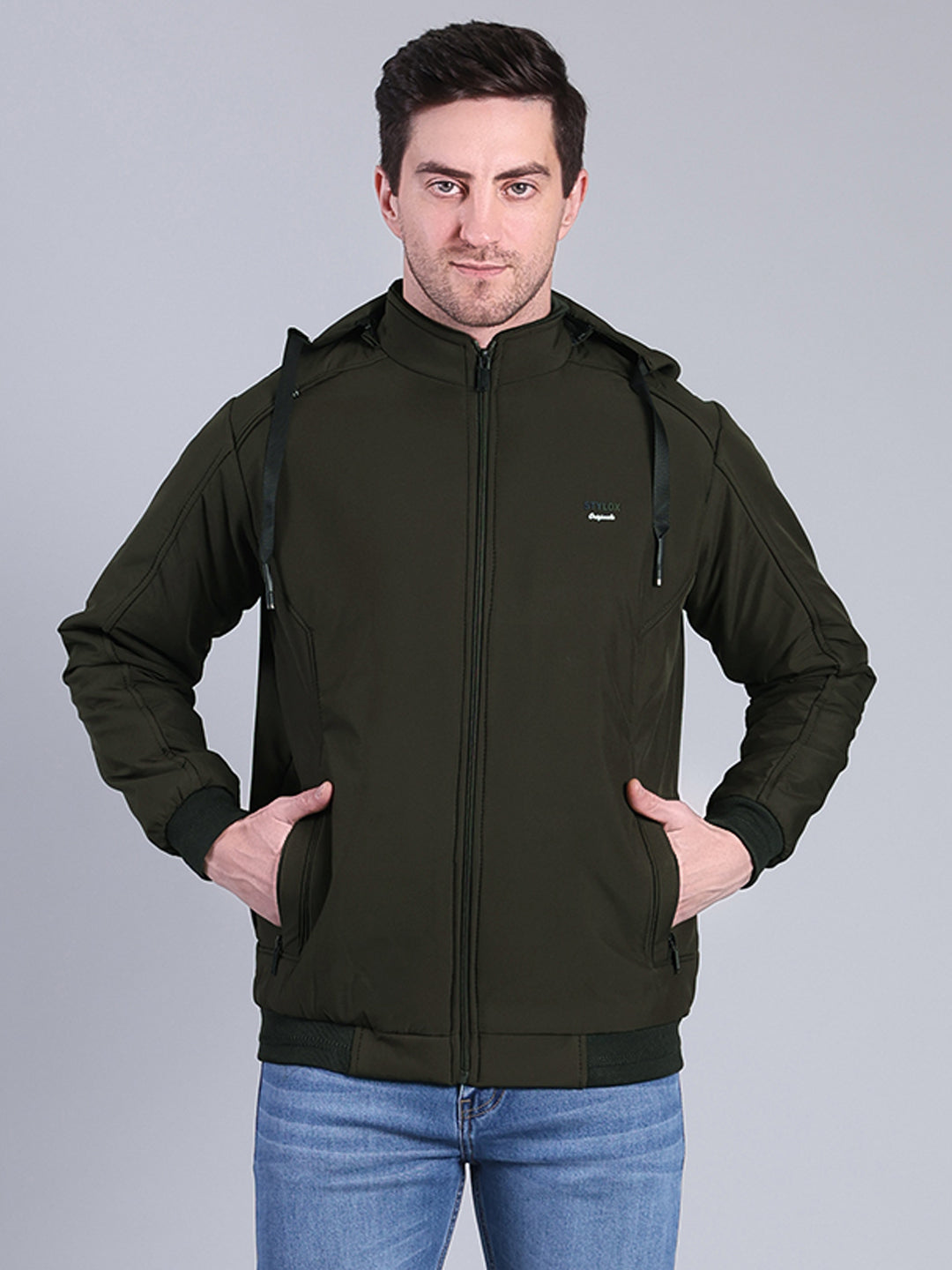 Stylox Men’s Solid Hooded Winter Jacket | Full Sleeve Zip-Up Casual Jacket with Pockets - Stylox