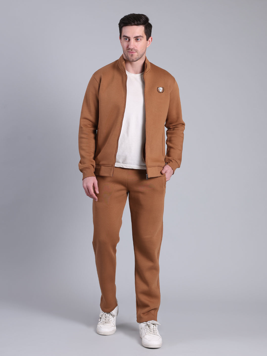 Stylox Men’s Solid Tracksuit Set with Zip-Up Jacket & Joggers – Winter Athleisure Wear (Brown) - Stylox