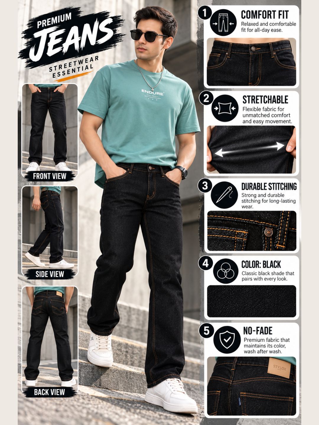 Stylox Men’s Comfort Fit No-Fade Stretchable Denim Jeans