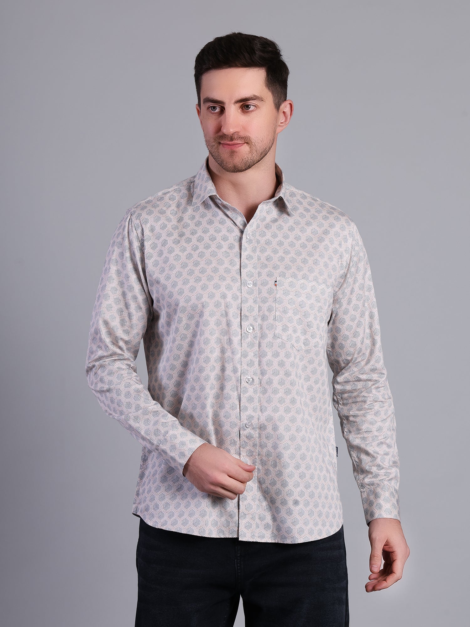 Stylox Men’s Printed Casual Shirt | Slim Fit Full Sleeve Shirt for Men-Cream - Stylox