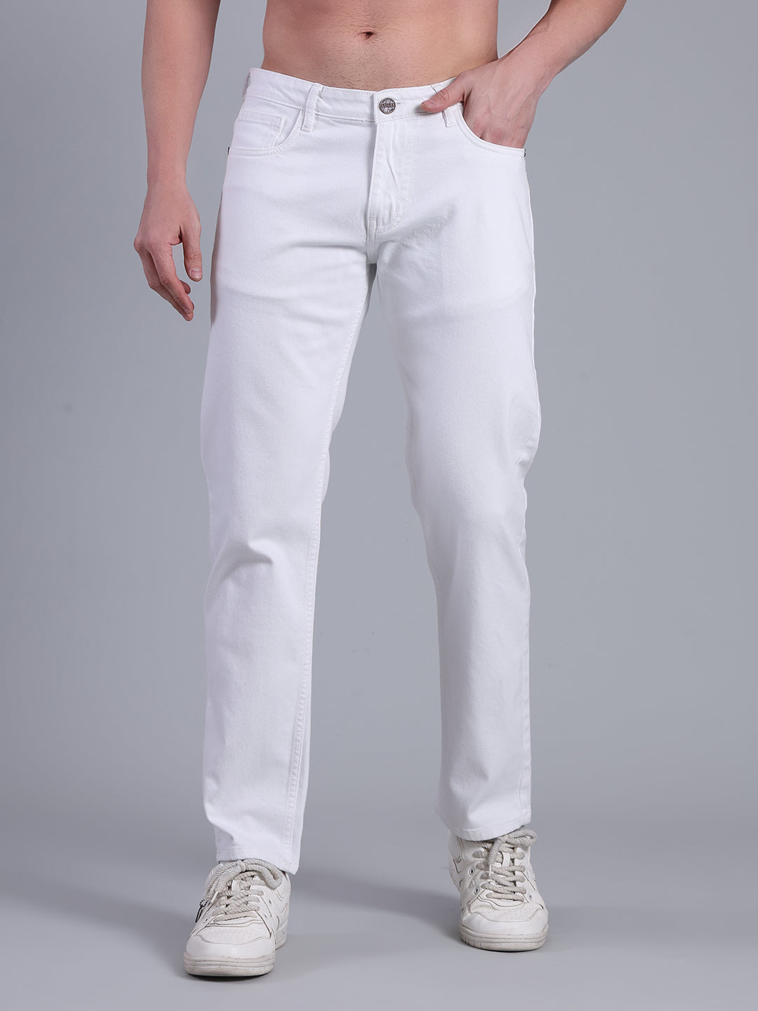 Stylox Men’s Comfort Fit White Jeans | Solid White Denim Jeans for Men | Mid-Rise Casual &amp; Party Wear Jeans