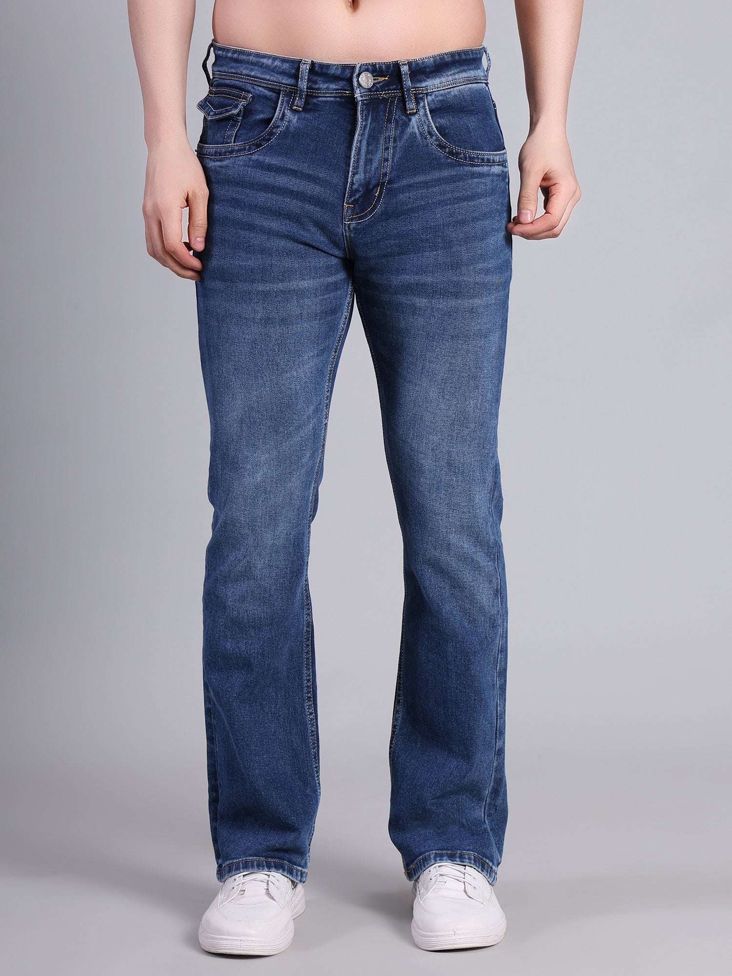 Stylox Men’s Bootcut Fit Non-Stretch Rigid Denim Jeans-Mid Dark Blue - Stylox