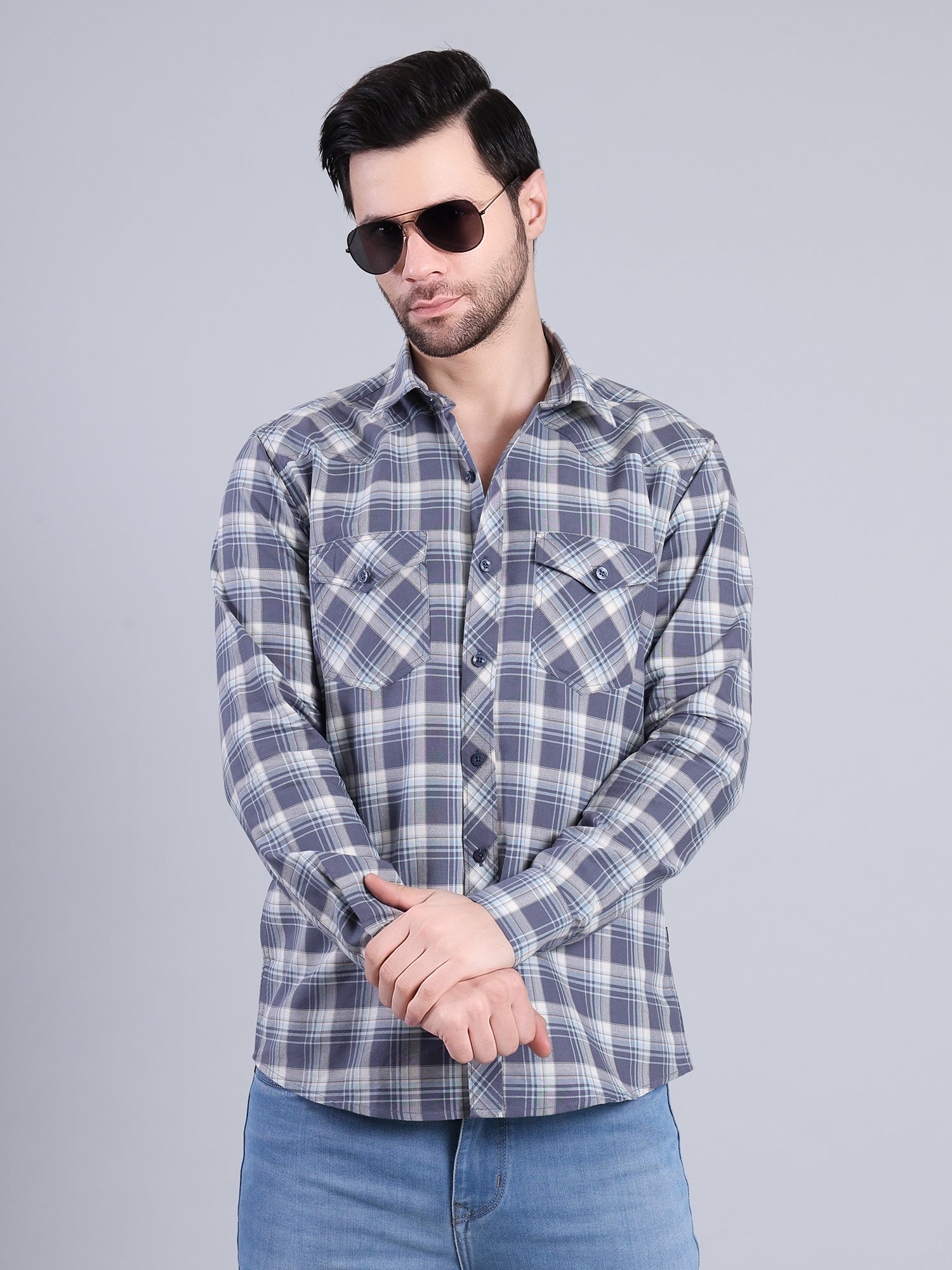 Stylox Men's Regular Fit Double Chest Pocket Check Casual Shirt (Blue)