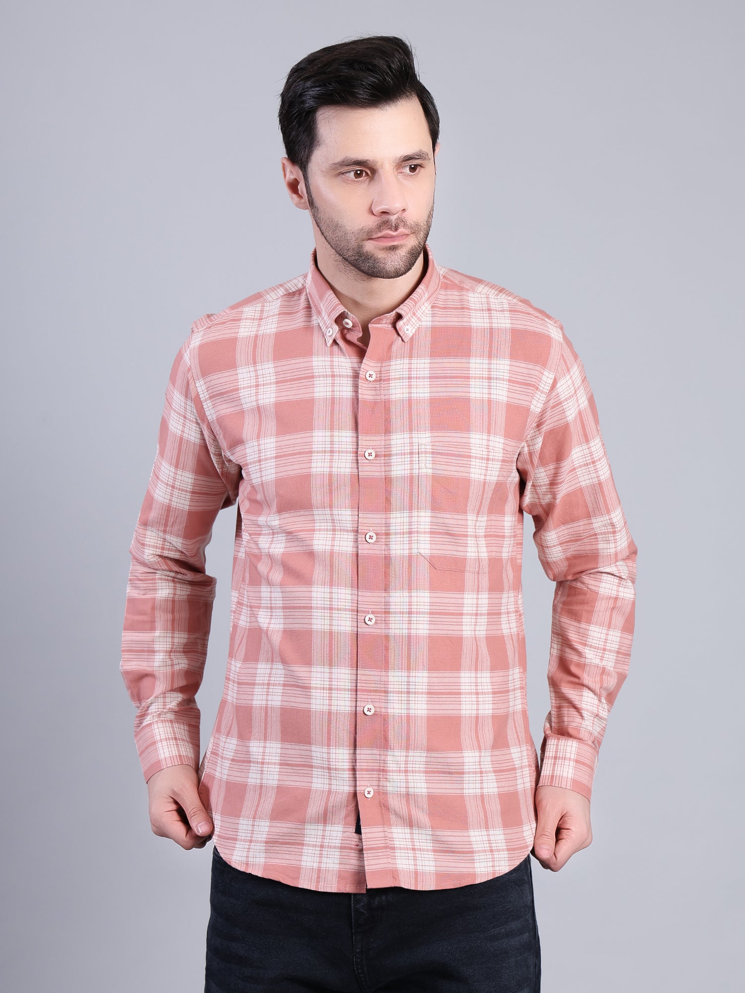 Stylox Men’s Checkered Full Sleeve Casual Shirt-Coral - Stylox