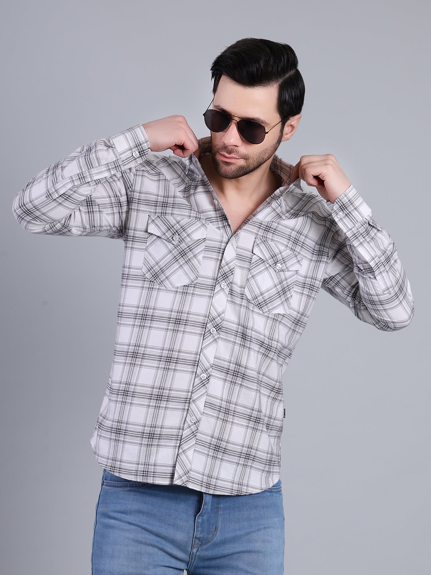 Stylox Men's Regular Fit Double Chest Pocket Check Casual Shirt (White)