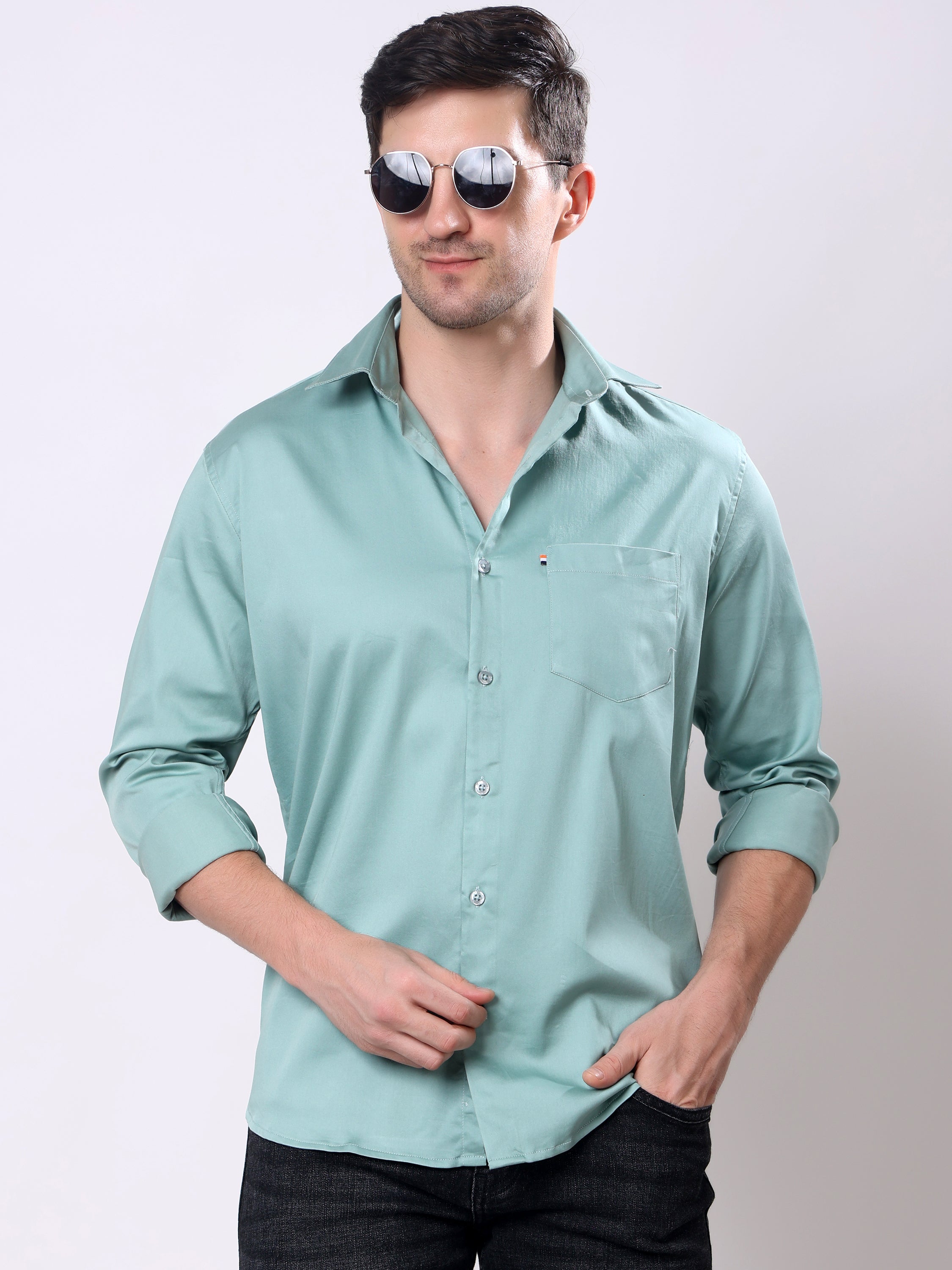 Stylox Men’s Regular Fit Full Sleeve Solid Cotton Satin Casual Shirt - Stylox