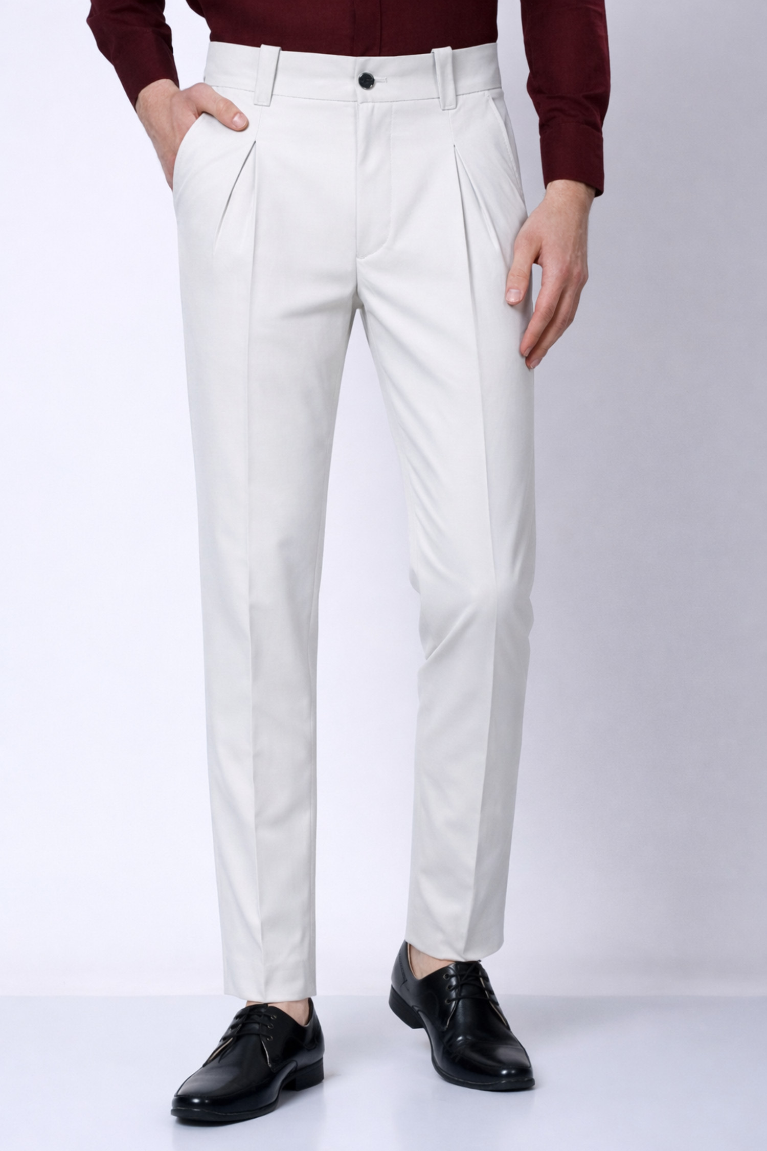 Stylox Men’s Slim Fit Pleated Formal Trousers – Premium Office Wear Pants with Side Pockets-White - Stylox