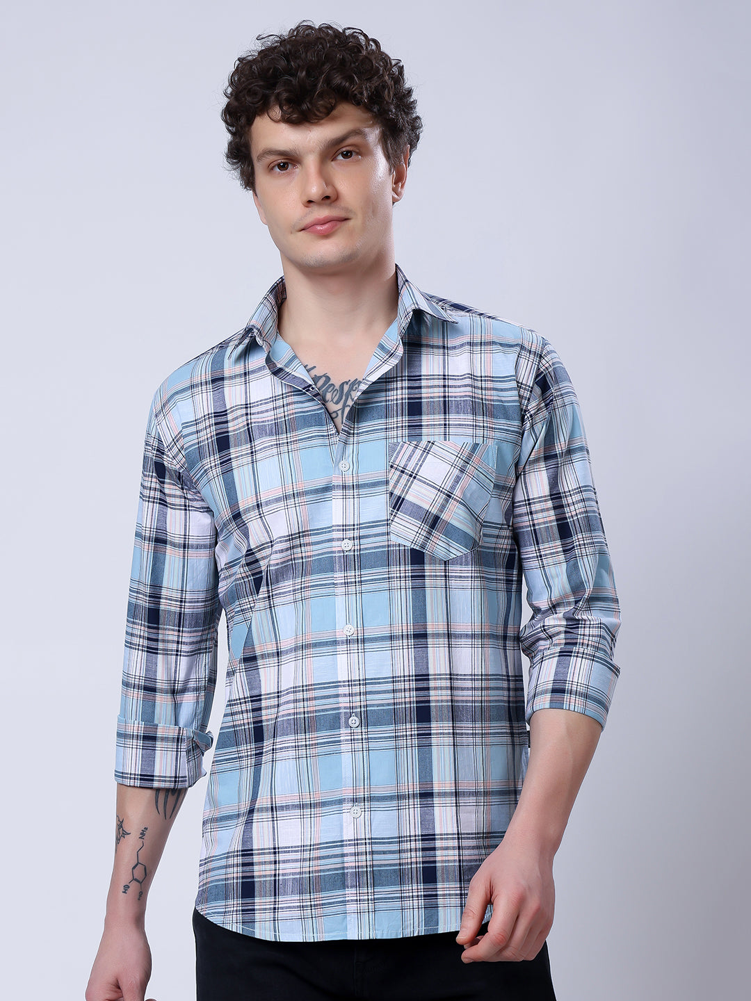 Stylox Men’s Regular Fit Full Sleeve Casual Check Shirt–Blue & Grey - Stylox