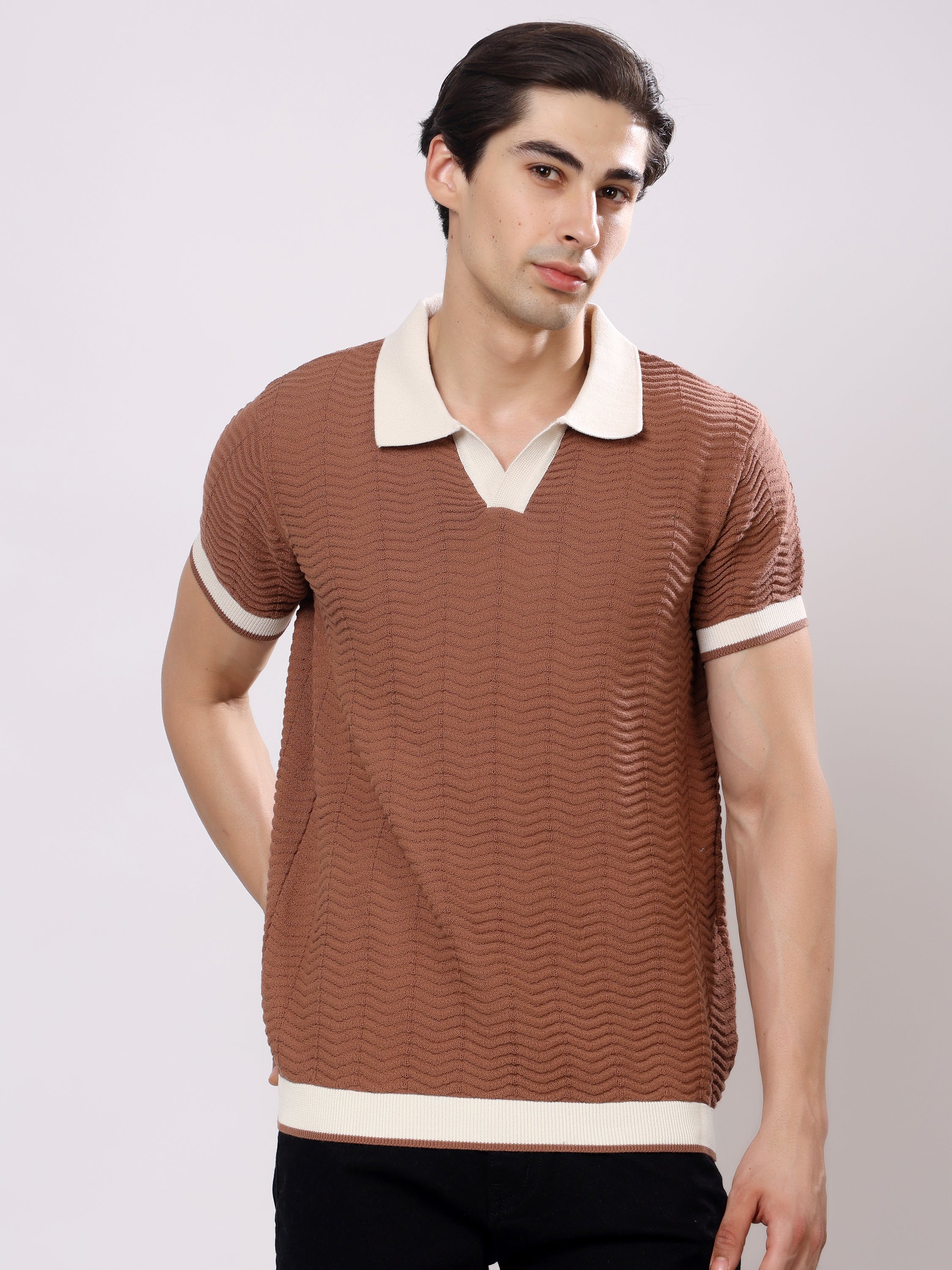Stylox Men's Regular Fit Half Sleeve Textured Knitted Contrast Collar Polo Tee