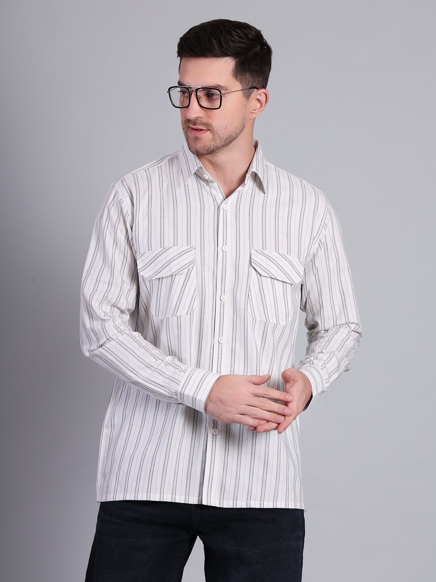 Stylox Men’s Regular Fit White Vertical Striped Full Sleeve Casual Shirt - Stylox