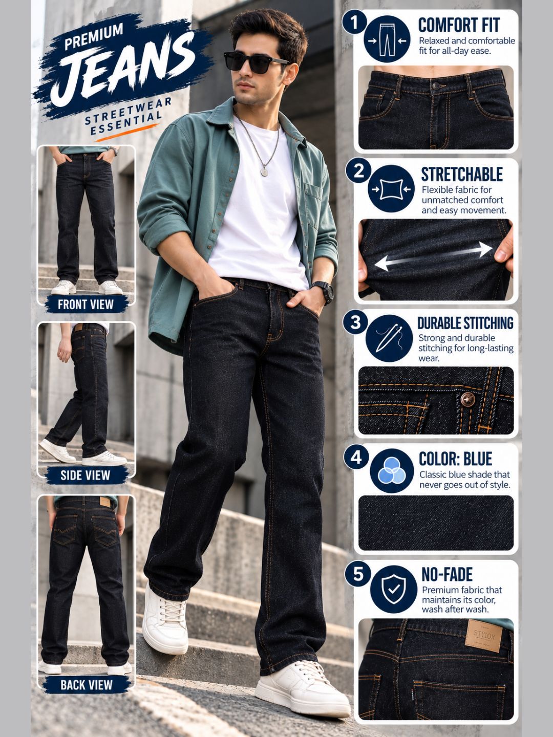Stylox Men’s Comfort Fit No-Fade Stretchable Denim Jeans