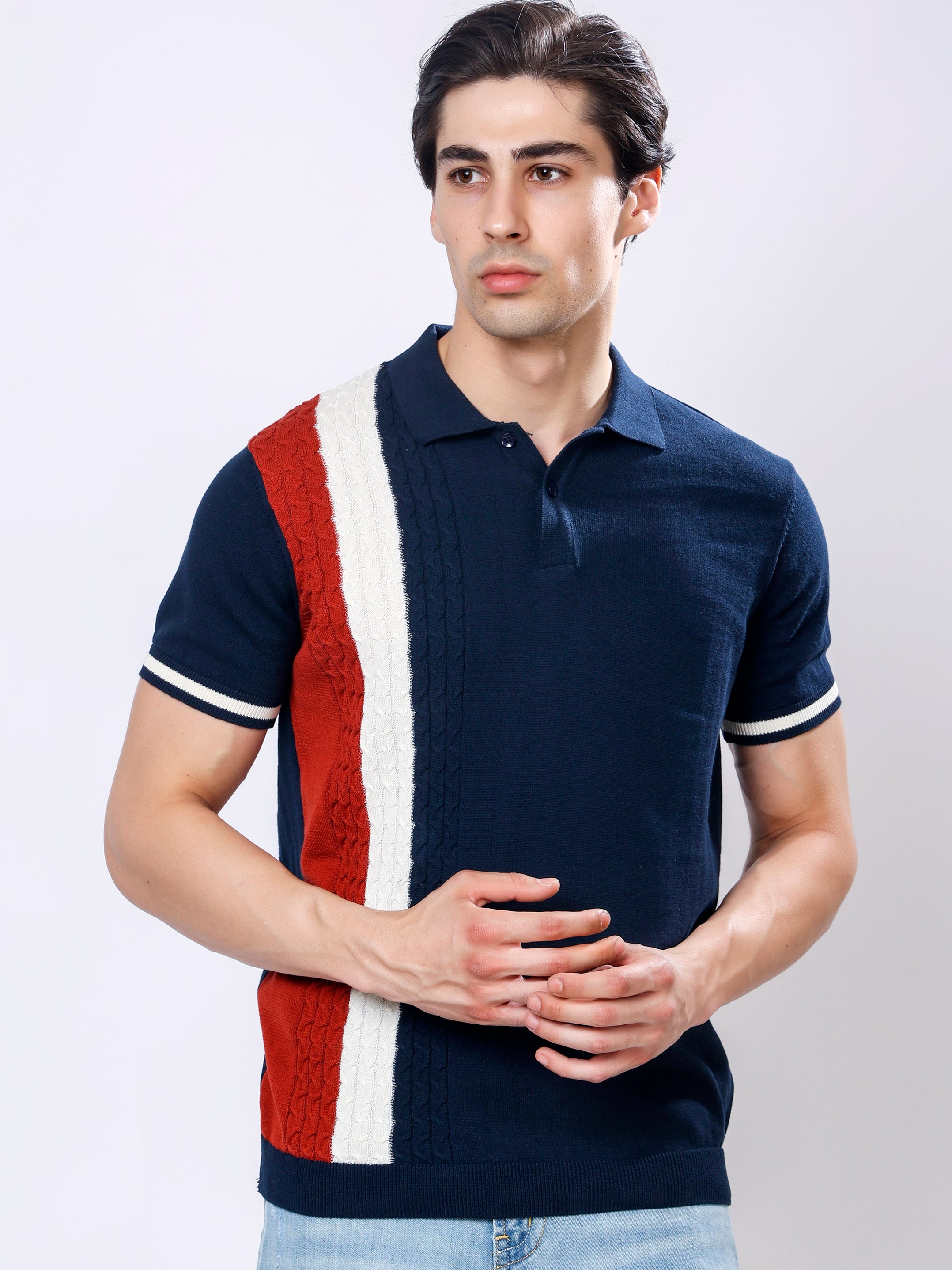 Stylox Men's Regular Fit Half Sleeve Navy Knitted Color Block Polo Tee