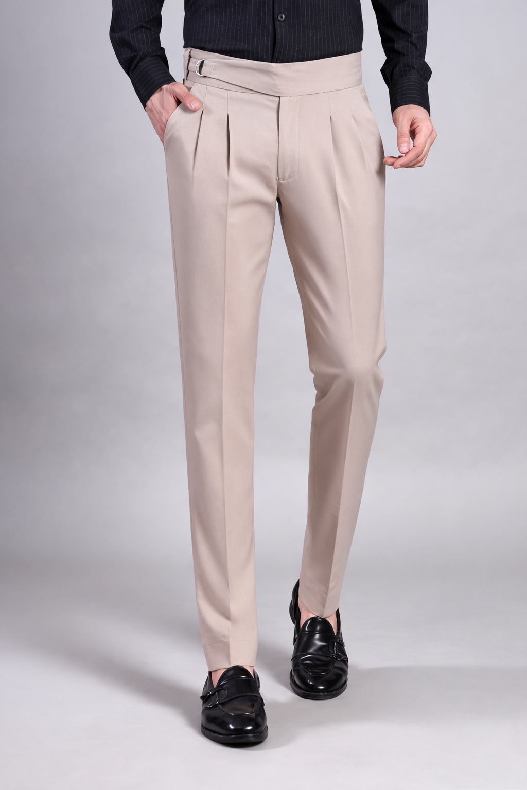 Stylox Men’s Gorkha High Waist Pleated Formal Trousers with Side Adjusters-Beige - Stylox