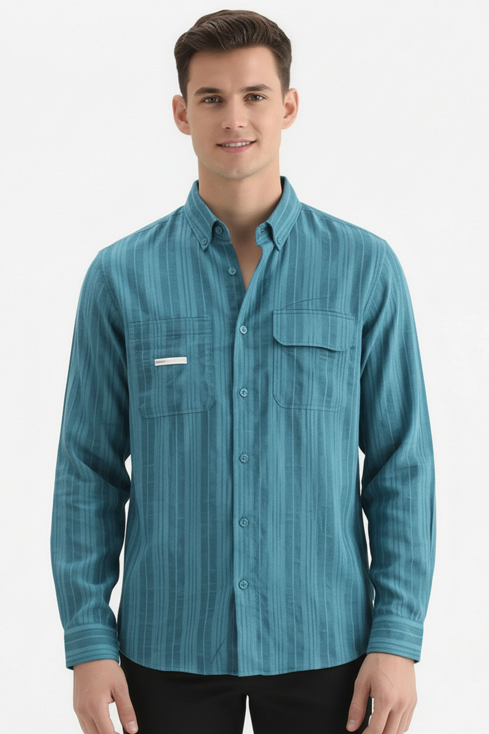 Stylox Men’s Regular-Fit Shacket Shirt – Self-Striped Full Sleeve Button-Down Overshirt with Chest Pockets(Teal Green) - Stylox
