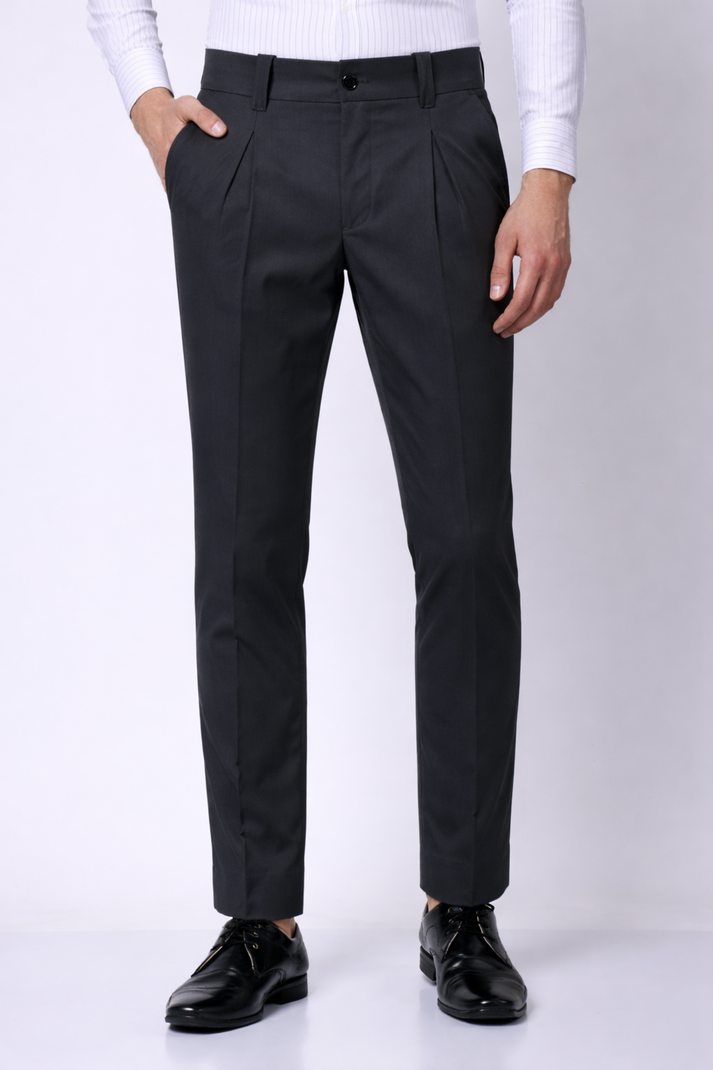 Stylox Men’s Slim Fit Pleated Formal Trousers – Premium Office Wear Pants with Side Pockets-Dark Grey - Stylox