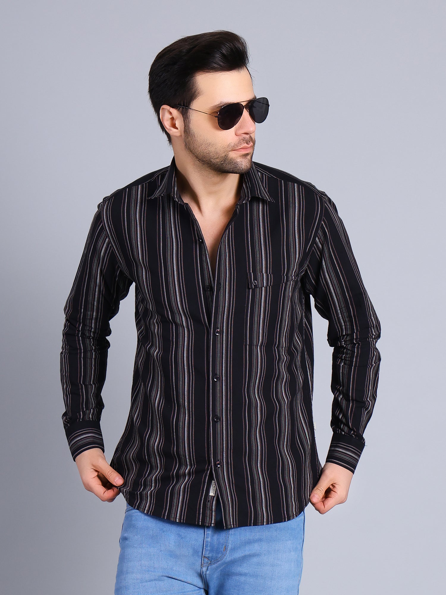 Stylox Men’s Regular Fit Full Sleeve Stripes Casual Shirt for Everyday & Office Wear (Black)