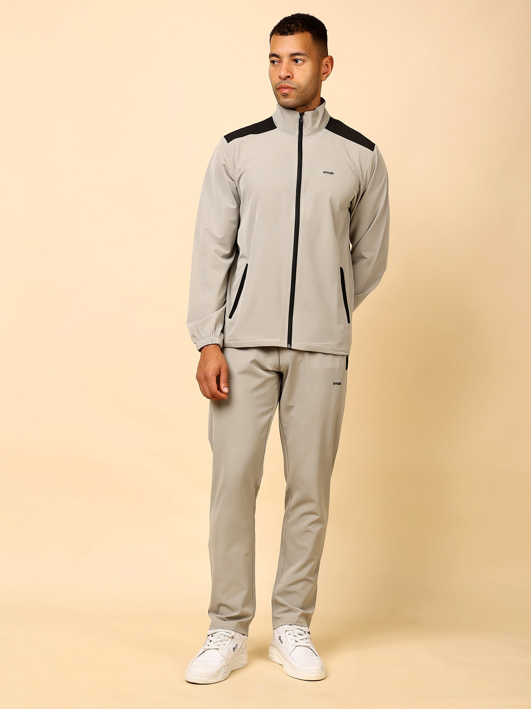Stylox Men’s Solid Tracksuit | Full Zip High Neck Jacket &amp; Jogger Pants Set | Premium Polyester Activewear for Gym, Sports &amp; Casual Wear (Light Grey)
