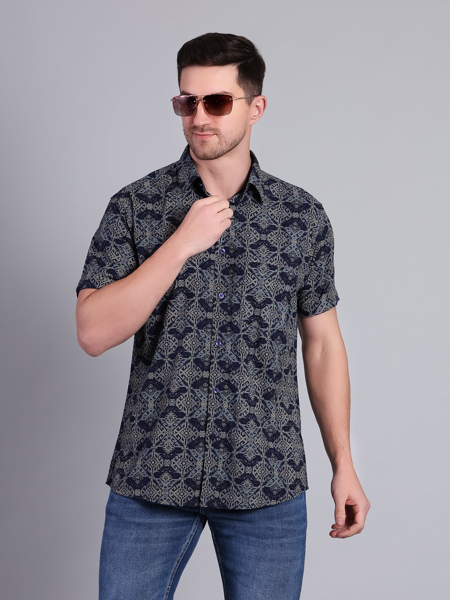 Stylox Men’s Regular Fit Geometric Printed Half Sleeve Casual Shirt-Blue - Stylox