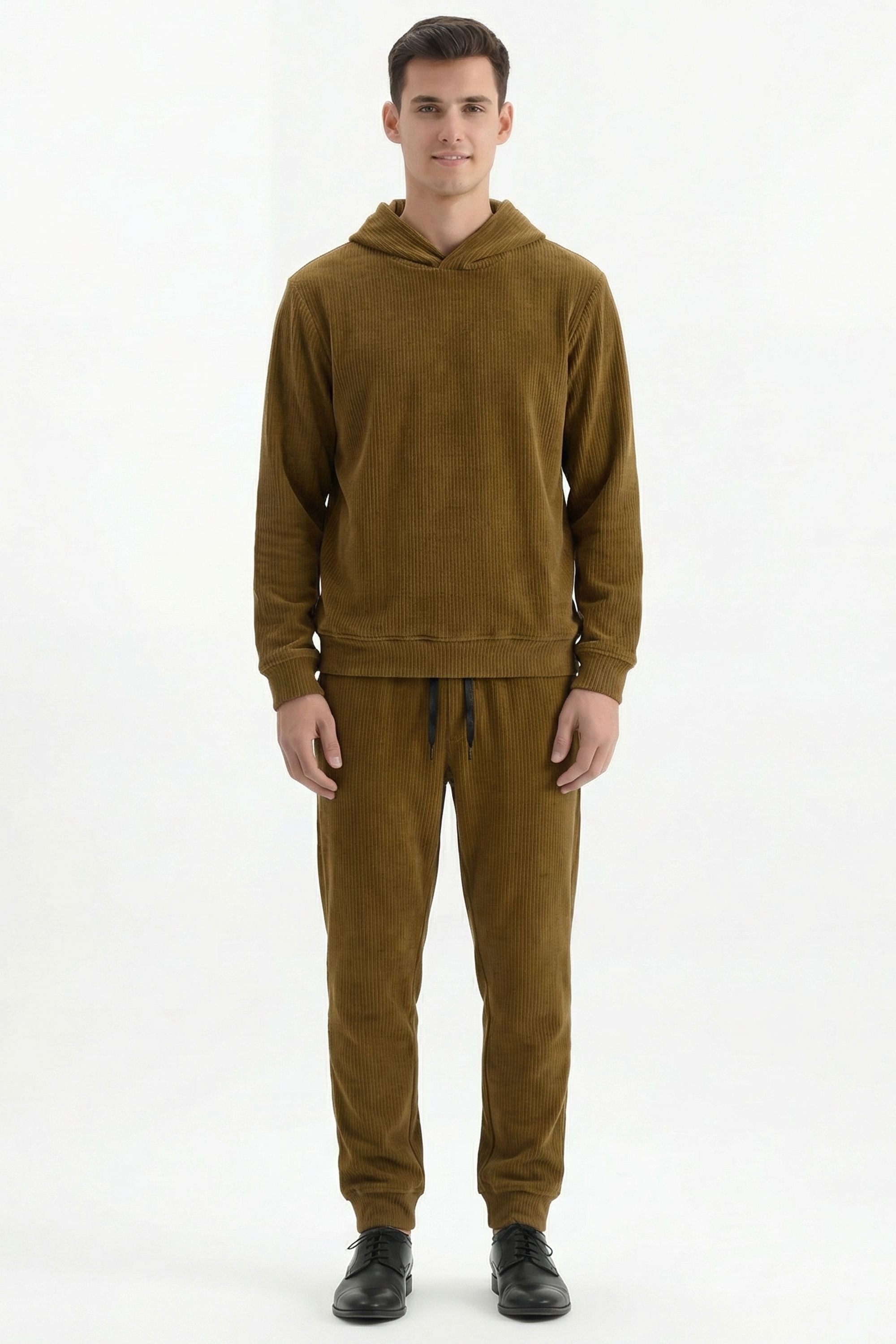Stylox Men’s Regular Fit Ribbed Tracksuit Set (Hooded Sweatshirt + Jogger Pants) (Dark Beige) - Stylox