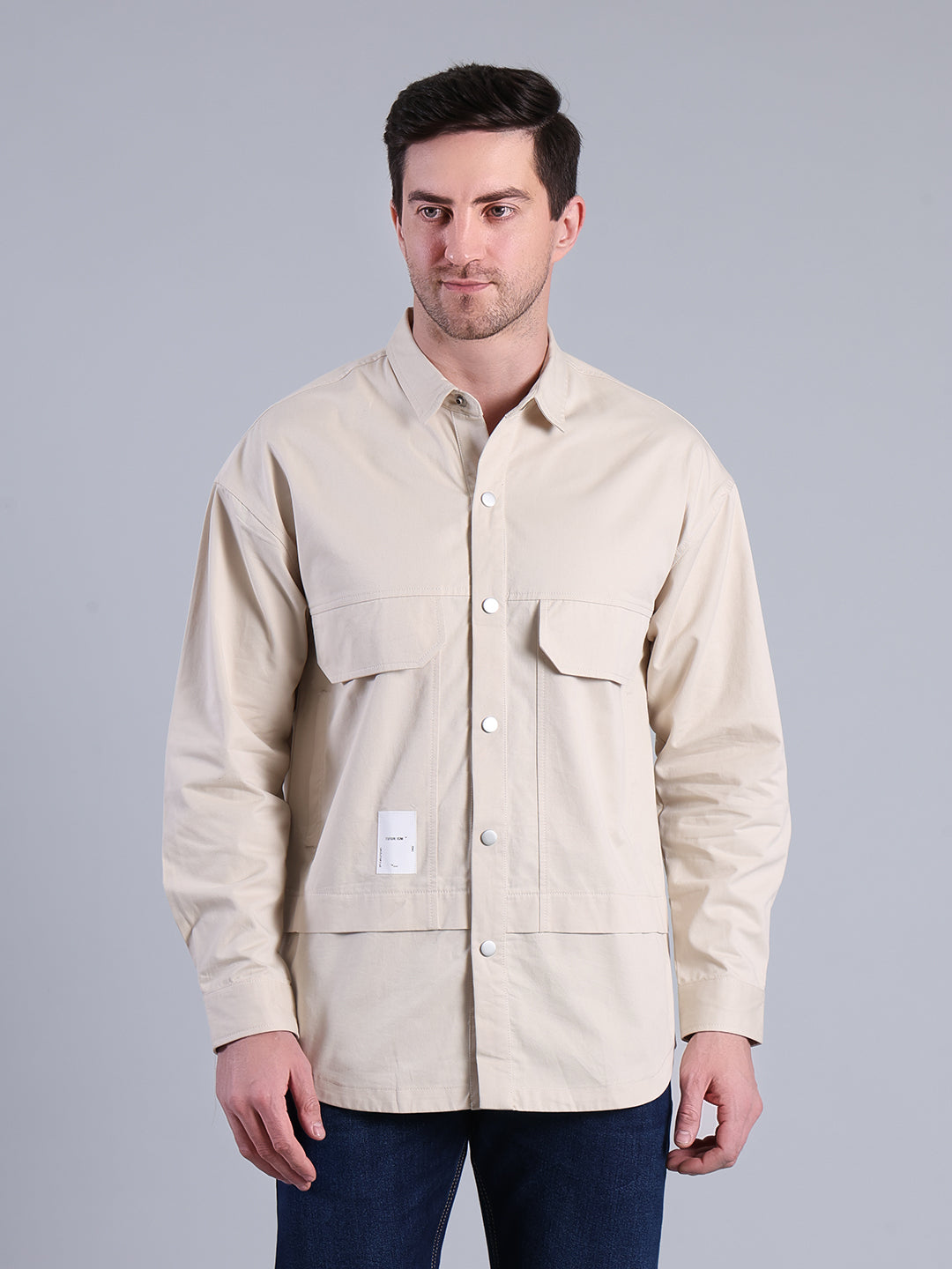 Stylox Men’s Solid Winter Shacket with Snap Buttons & Utility Pockets (Beige) - Stylox