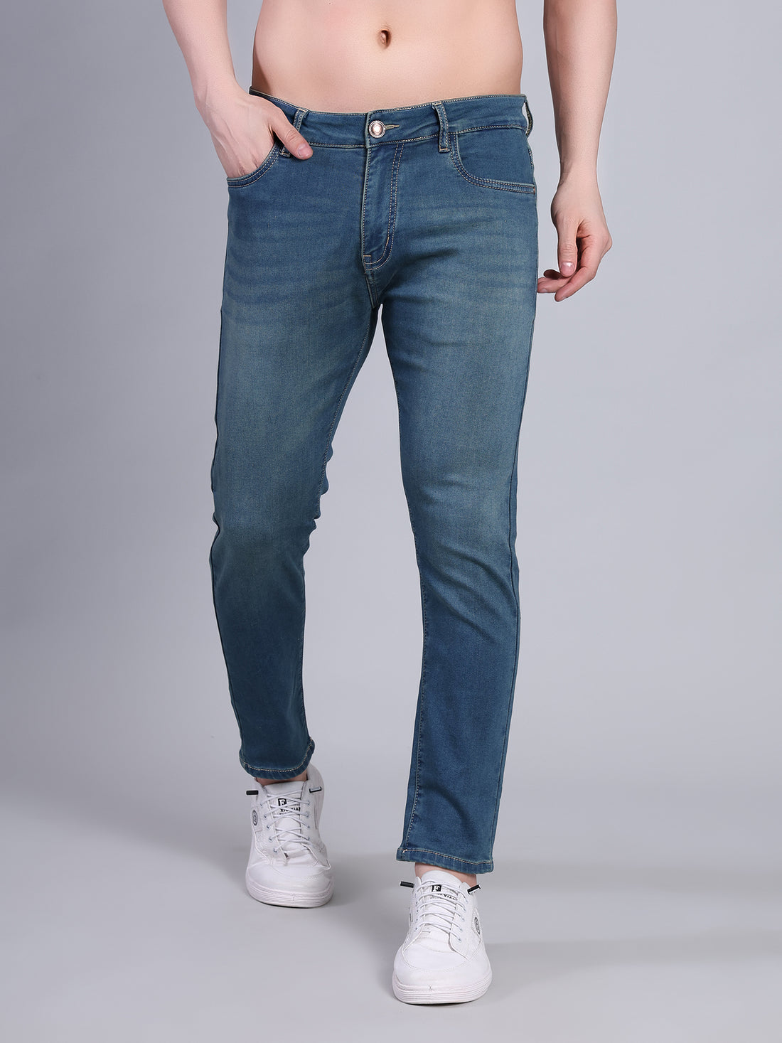 Stylox Men’s Ankle Fit Mid Rise Stretchable Denim Jeans-Greenish Blue - Stylox