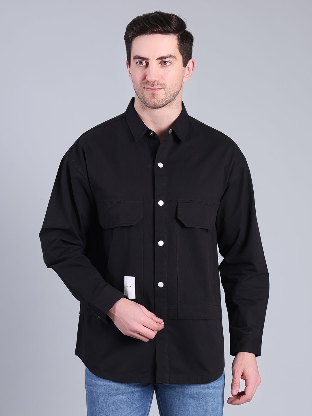 Stylox Men’s Solid Winter Shacket with Snap Buttons & Utility Pockets (Black) - Stylox