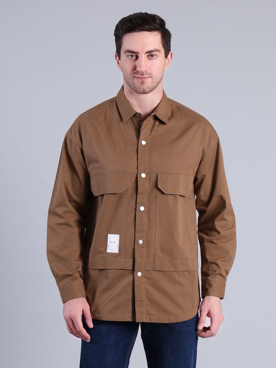 Stylox Men’s Solid Winter Shacket with Snap Buttons &amp; Utility Pockets (Brown)