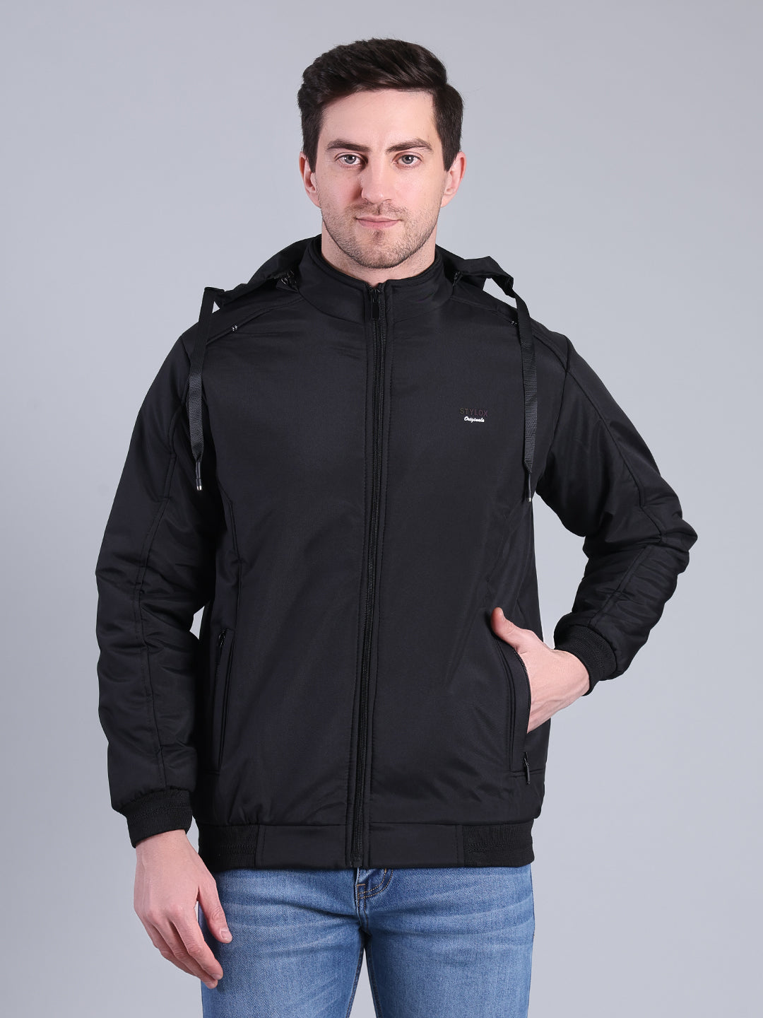Stylox Men’s Solid Hooded Winter Jacket | Full Sleeve Zip-Up Casual Jacket with Pockets - Stylox