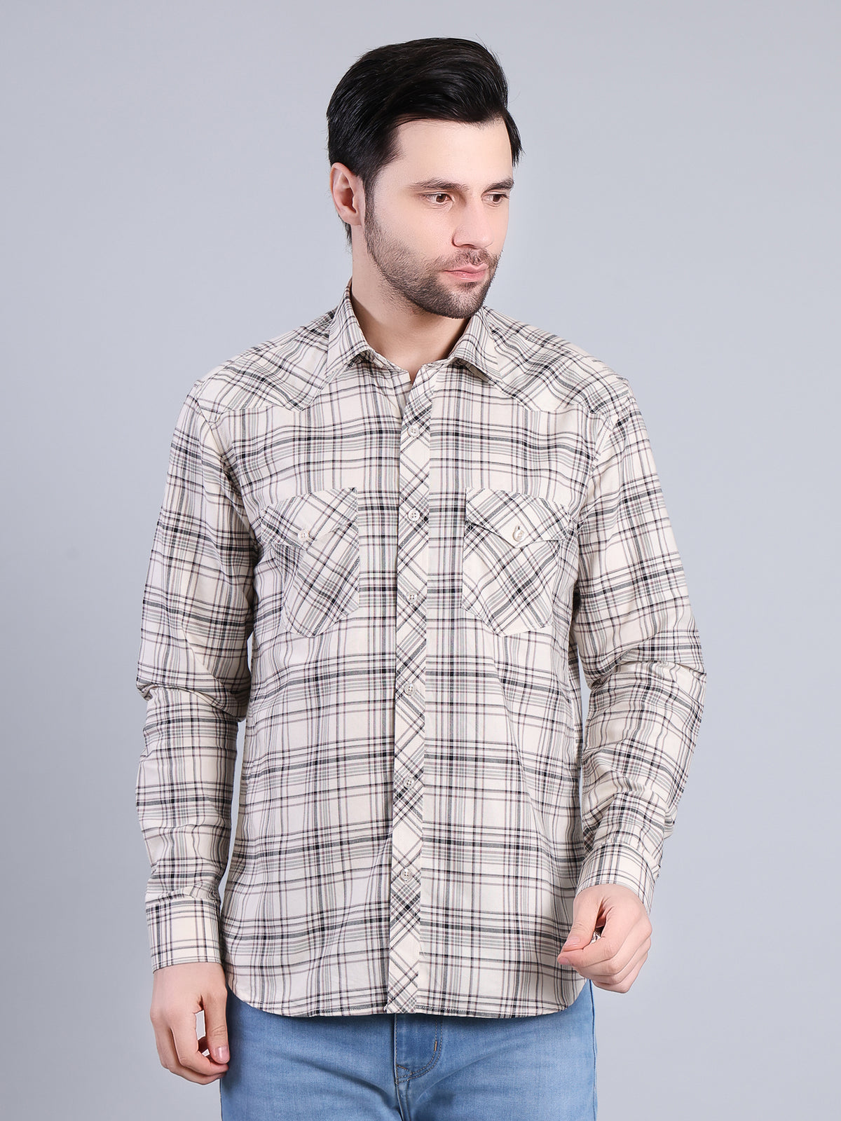 Stylox Men's Regular Fit Double Chest Pocket Check Casual Shirt (Off White)