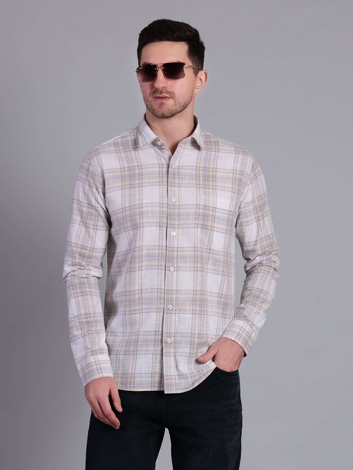 Stylox Men’s Regular Fit Checked Full Sleeve Casual Shirt-Cream - Stylox