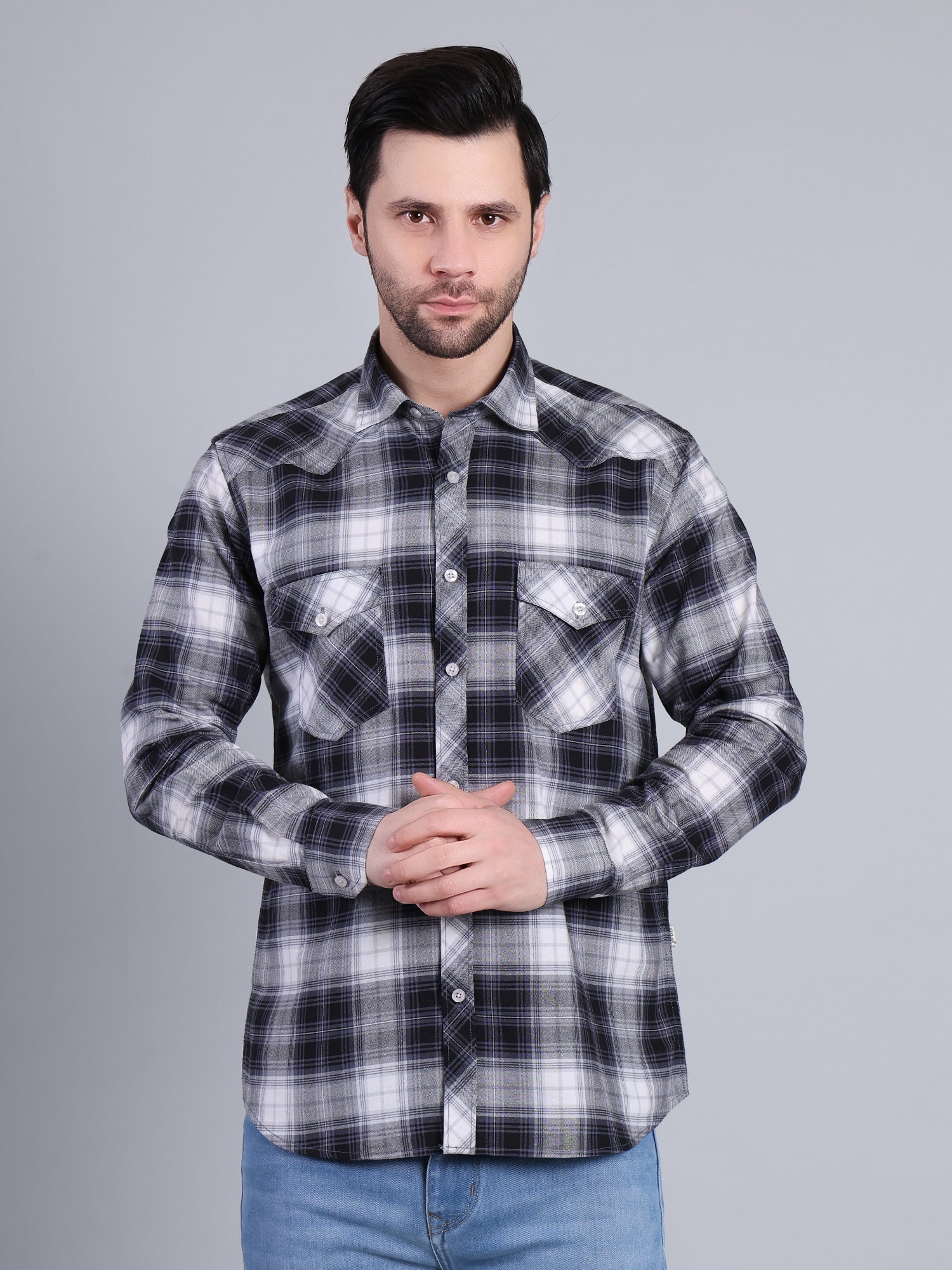 Stylox Men's Regular Fit Double Chest Pocket Check Casual Shirt (Navy)