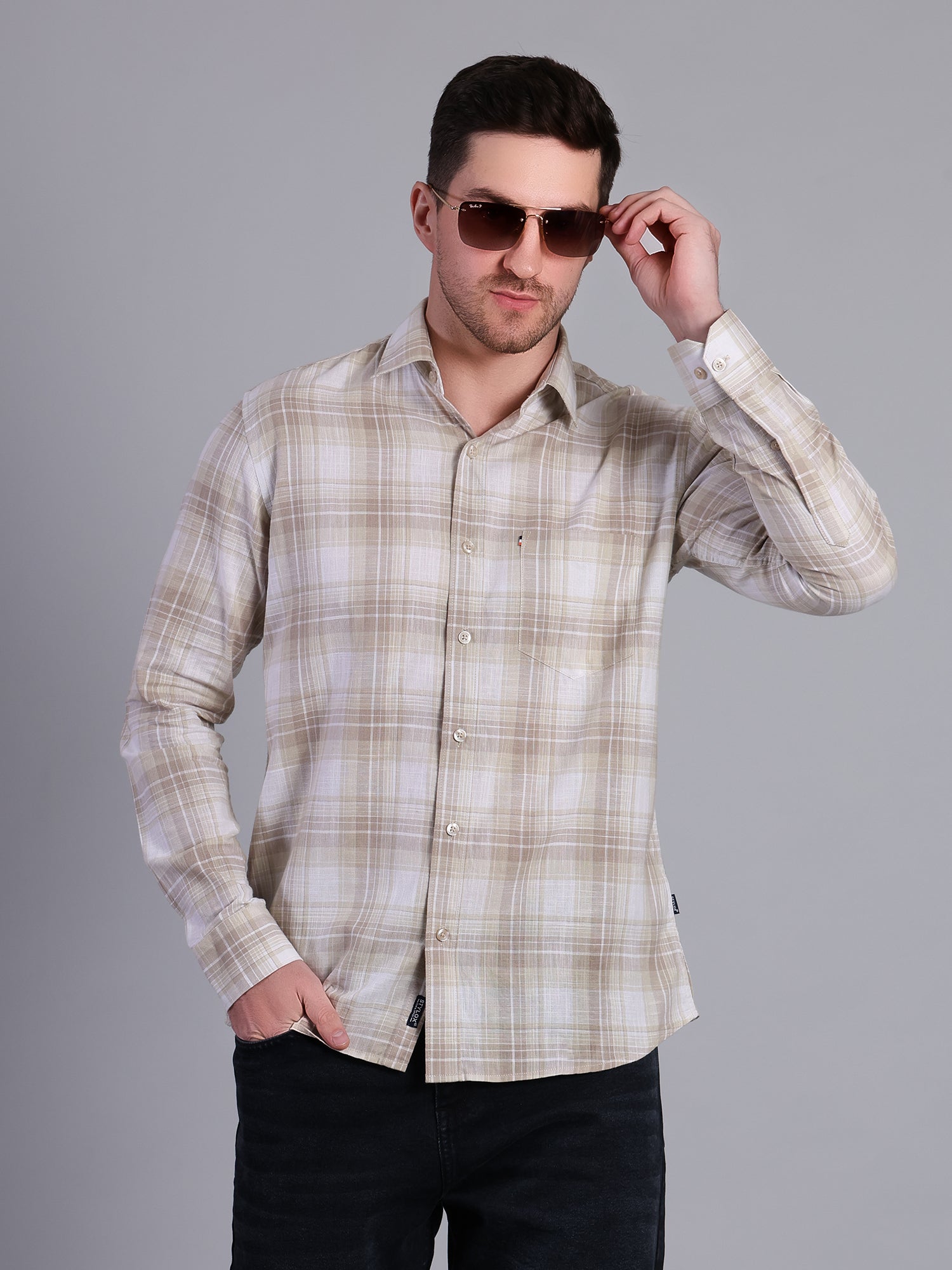 Stylox Men’s Regular Fit Checked Full Sleeve Casual Shirt-Sand - Stylox