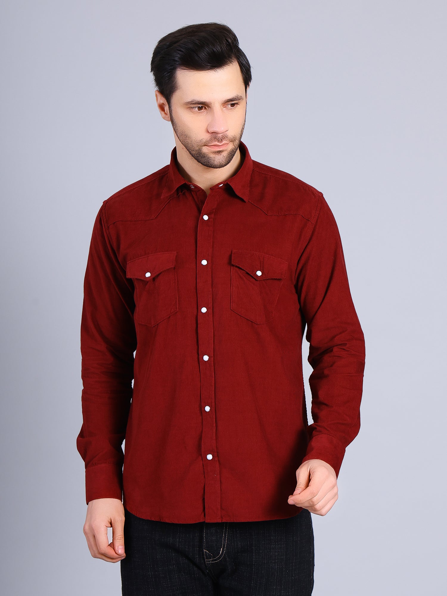 Stylox Men’s Regular Fit Full Sleeve Solid Casual Corduroy Shirt with Double Chest Pocket (Maroon) - Stylox