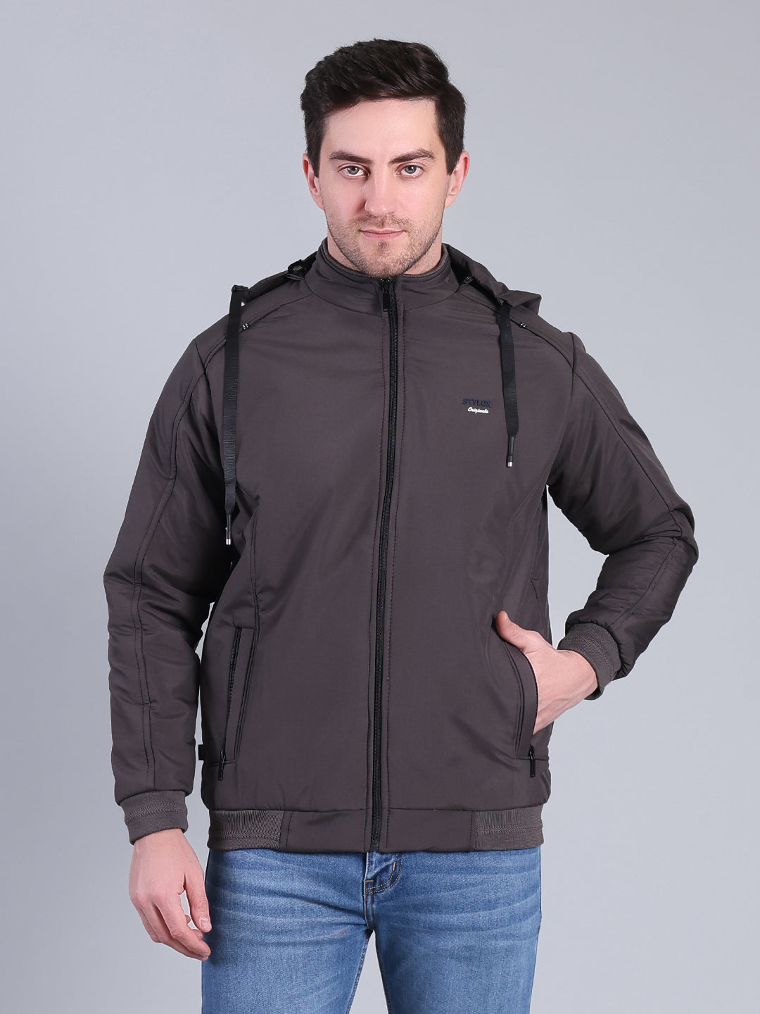 Stylox Men’s Solid Hooded Winter Jacket | Full Sleeve Zip-Up Casual Jacket with Pockets - Stylox
