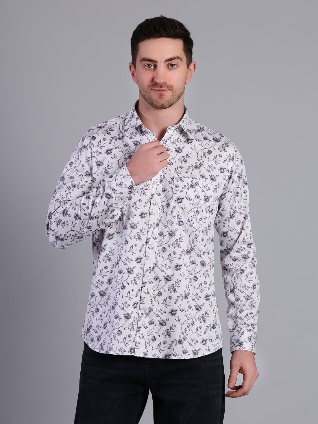 Stylox Men’s Regular Fit Full Sleeve Floral Print Casual Cotton Shirt-White - Stylox