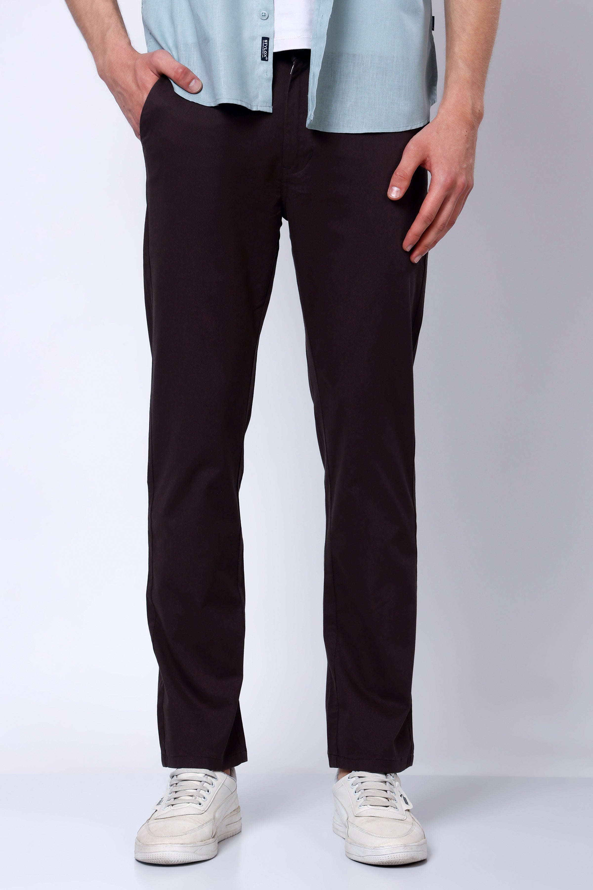 Stylox Men’s Straight Fit Casual Trousers with Comfort-Chocolate Brown - Stylox