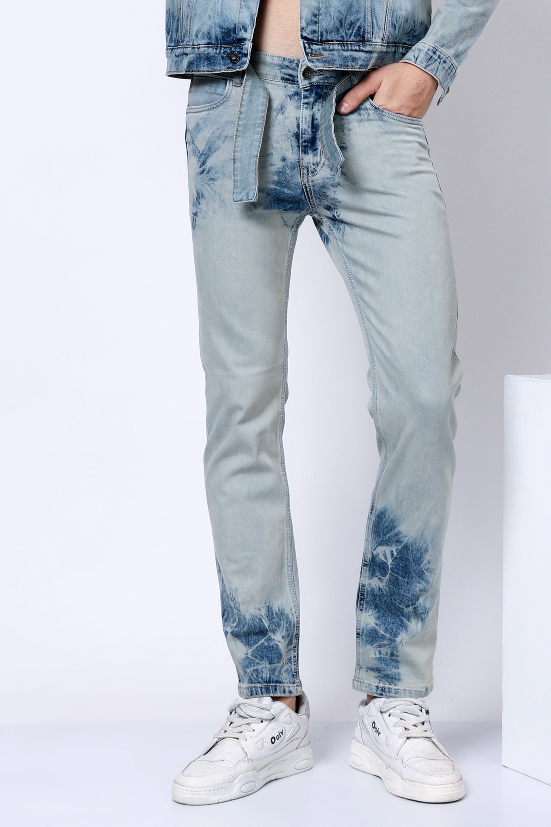 Stylox Men’s Mid-Rise Comfort Fit Stretchable Vintage Blue Tie-Dye Denim Jeans - Stylox