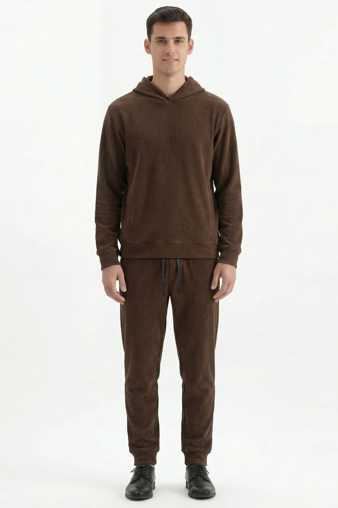 Stylox Men’s Regular Fit Ribbed Tracksuit Set (Hooded Sweatshirt + Jogger Pants) (Light Brown)