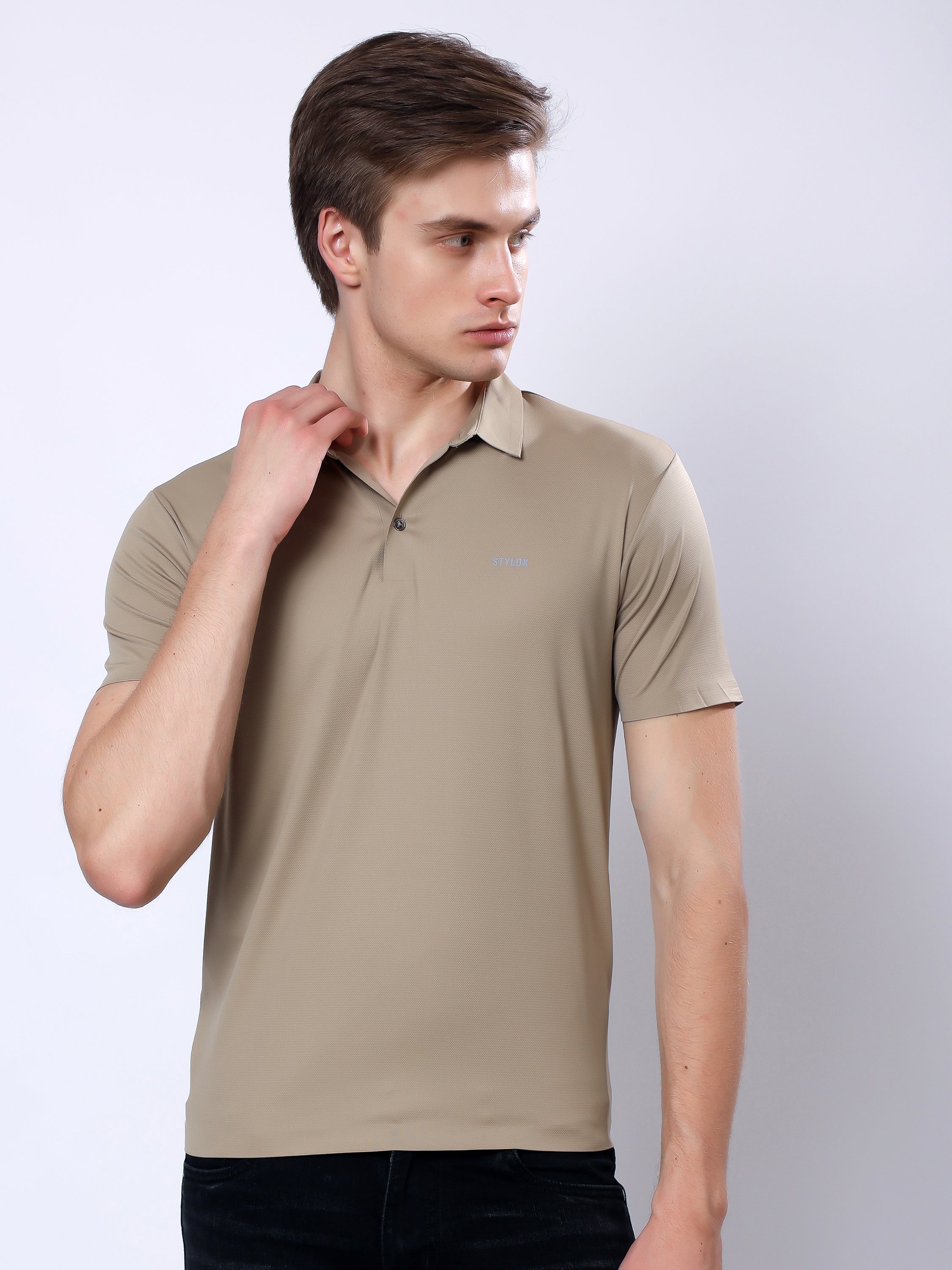 Stylox Men’s Premium Regular Fit Stretchable Polo T-Shirt–Beige - Stylox
