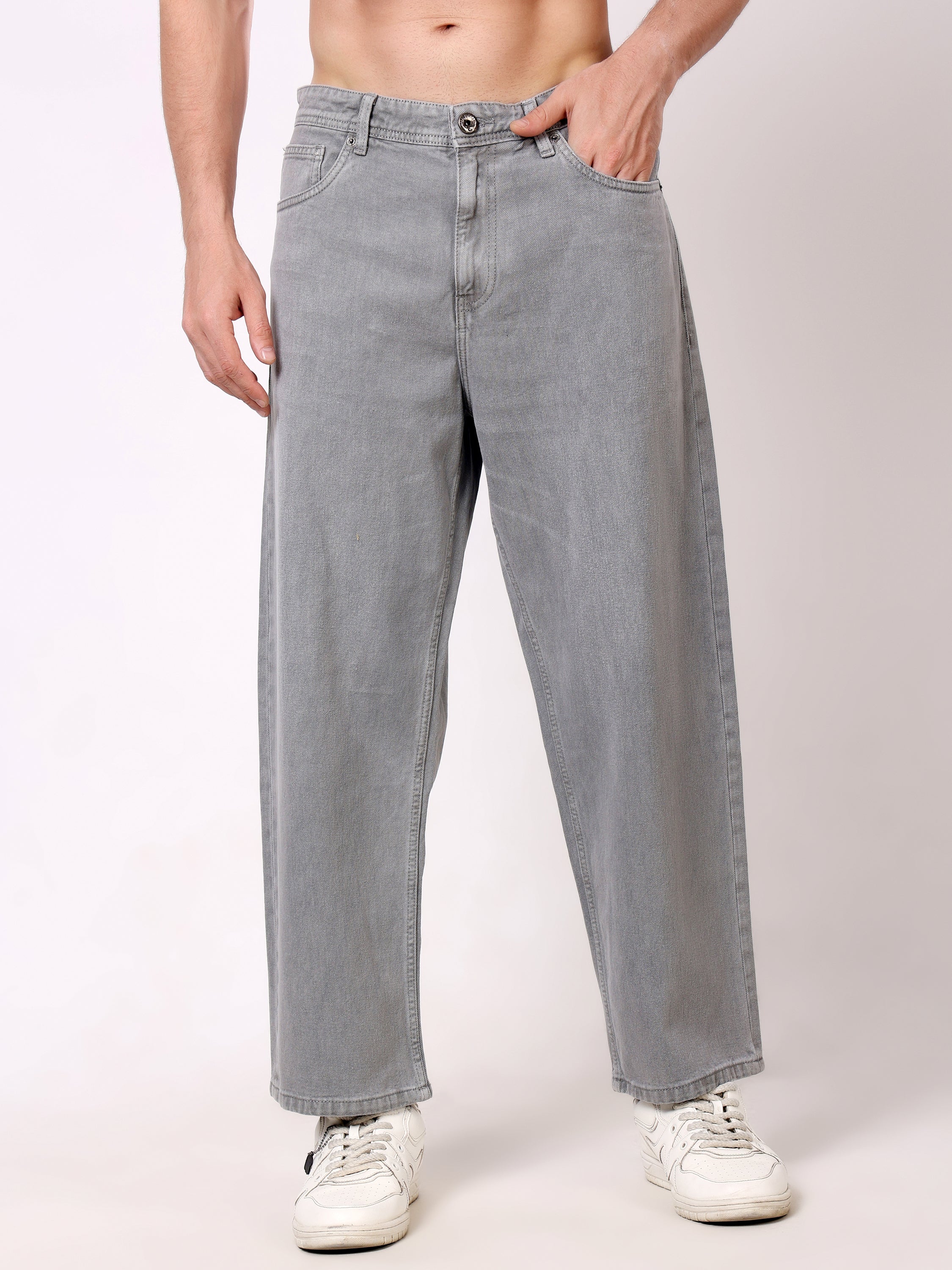 Stylox Men's Light Grey Super Baggy Fit Non-Stretchable Denim Jeans