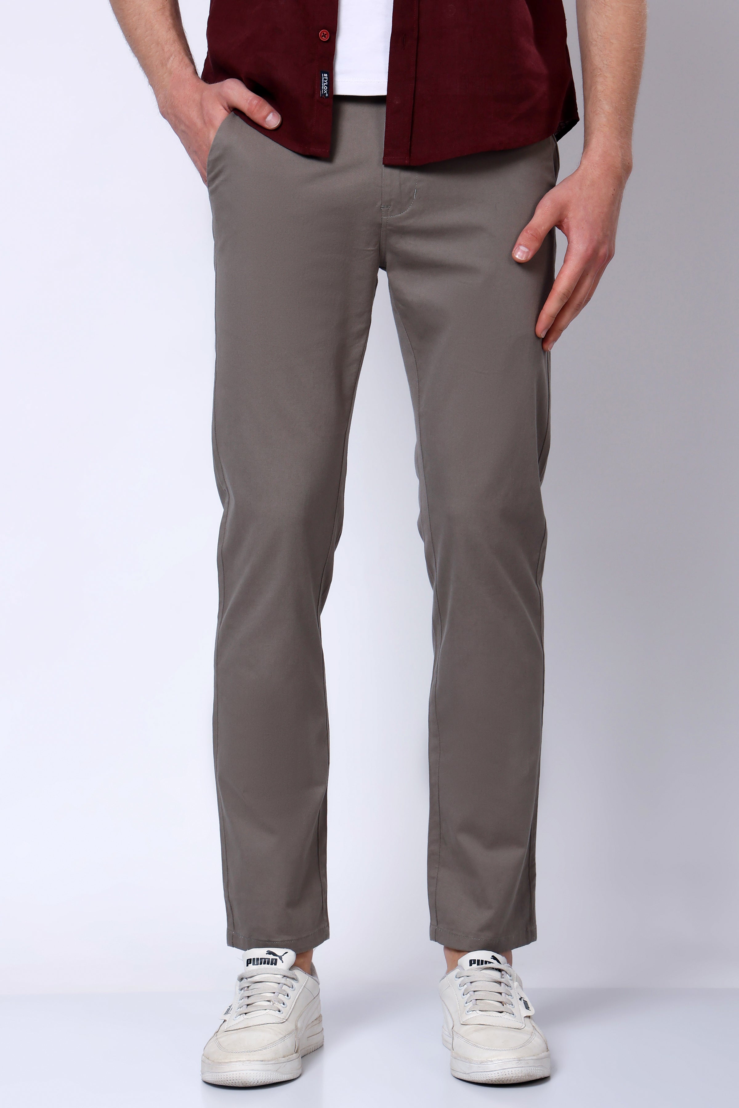 Stylox Men’s Straight Fit Casual Trousers with Comfort-Dark Grey - Stylox