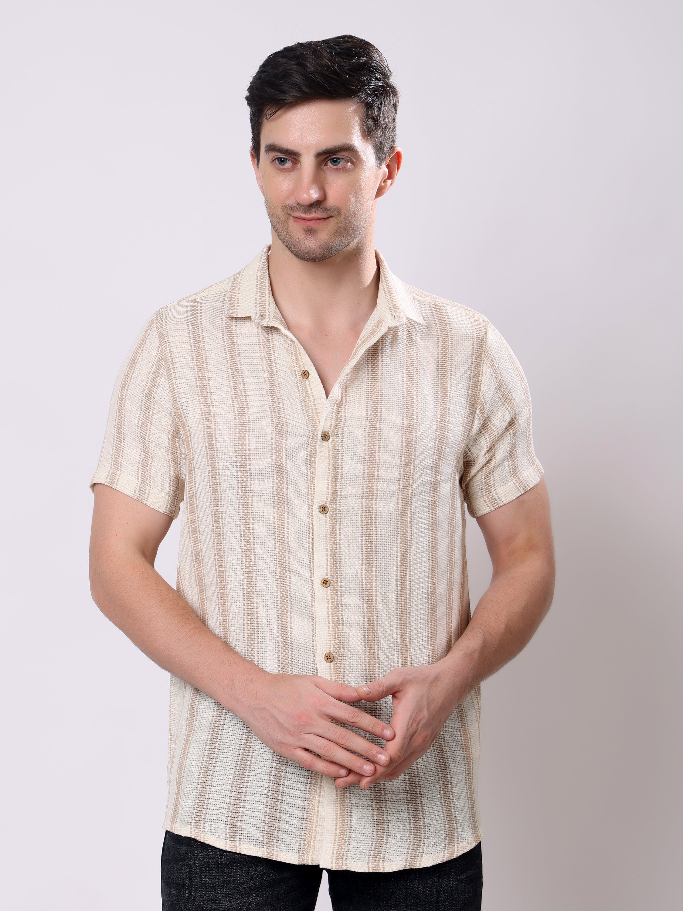 Stylox Men’s Regular Fit Half Sleeve Striped Casual Shirt-Brown - Stylox