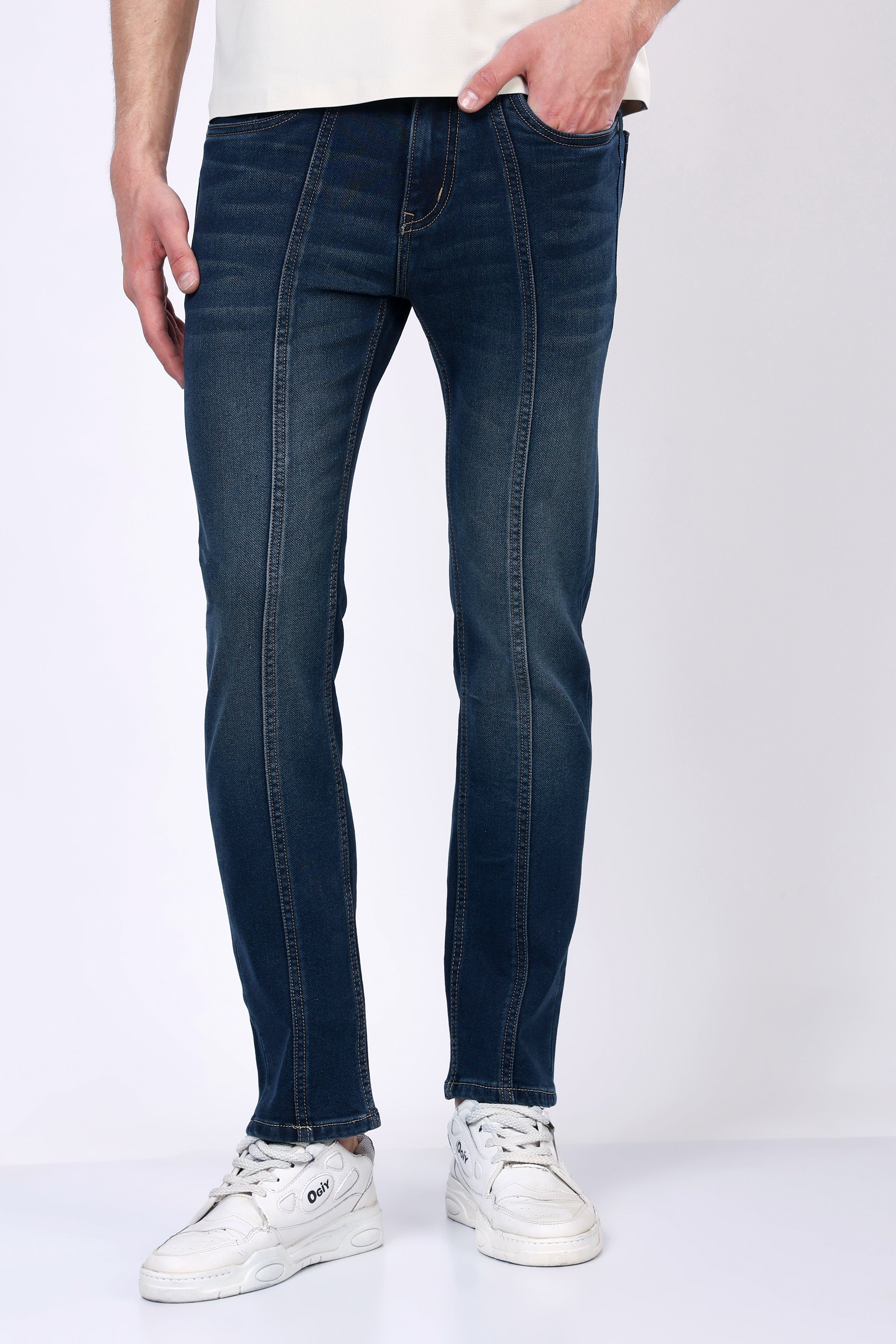 Stylox Men’s Mid-Rise Comfort Fit Stretchable Greenish Blue Denim Jeans with Panel Stitch Detailing - Stylox