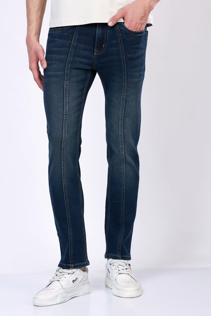 Stylox Men’s Mid-Rise Comfort Fit Stretchable Greenish Blue Denim Jeans with Panel Stitch Detailing - Stylox